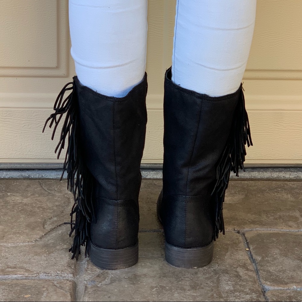 Black Distressed Fringe Western Tall Ankle Boots - Picture 4 of 8